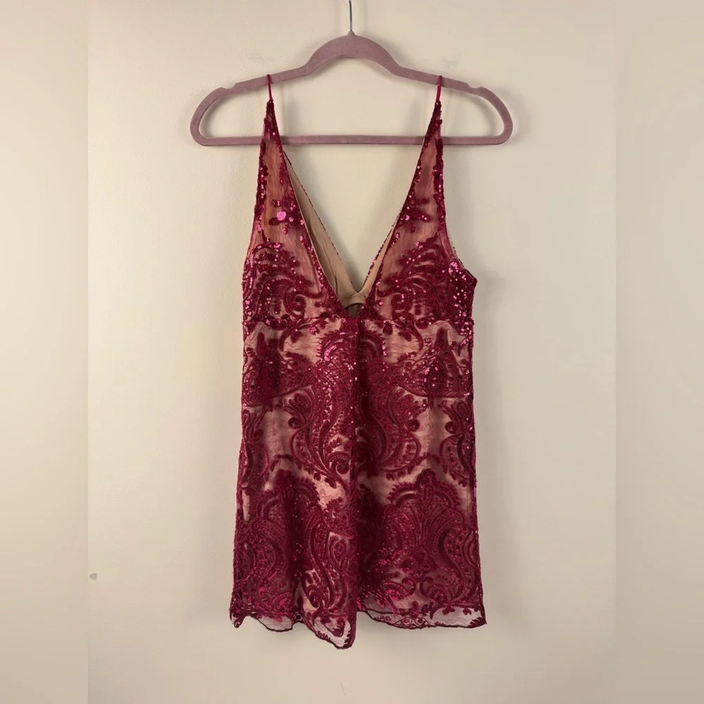 Free People Night Shimmer Mini Dress in Raspberry